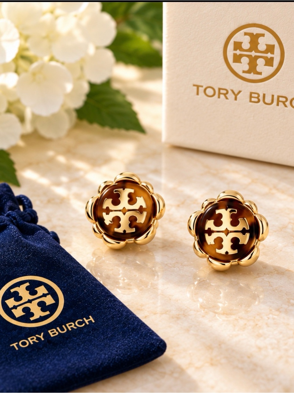 Tory Burch Gold Tone Tortoiseshell Double T Logo Stud Earrings